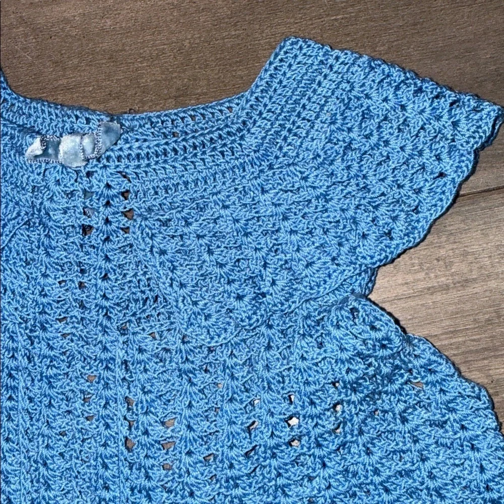 Vintage Hand Crocheted Baby Dress Blue Scalloped Hem Size 6-9M